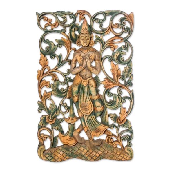 Handmade gold traditional rectangular wooden wall decor featuring a carved figure and floral detailing Aesthetic craft