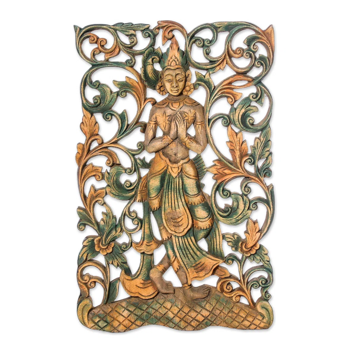Handmade gold traditional rectangular wooden wall decor featuring a carved figure and floral detailing Aesthetic craft