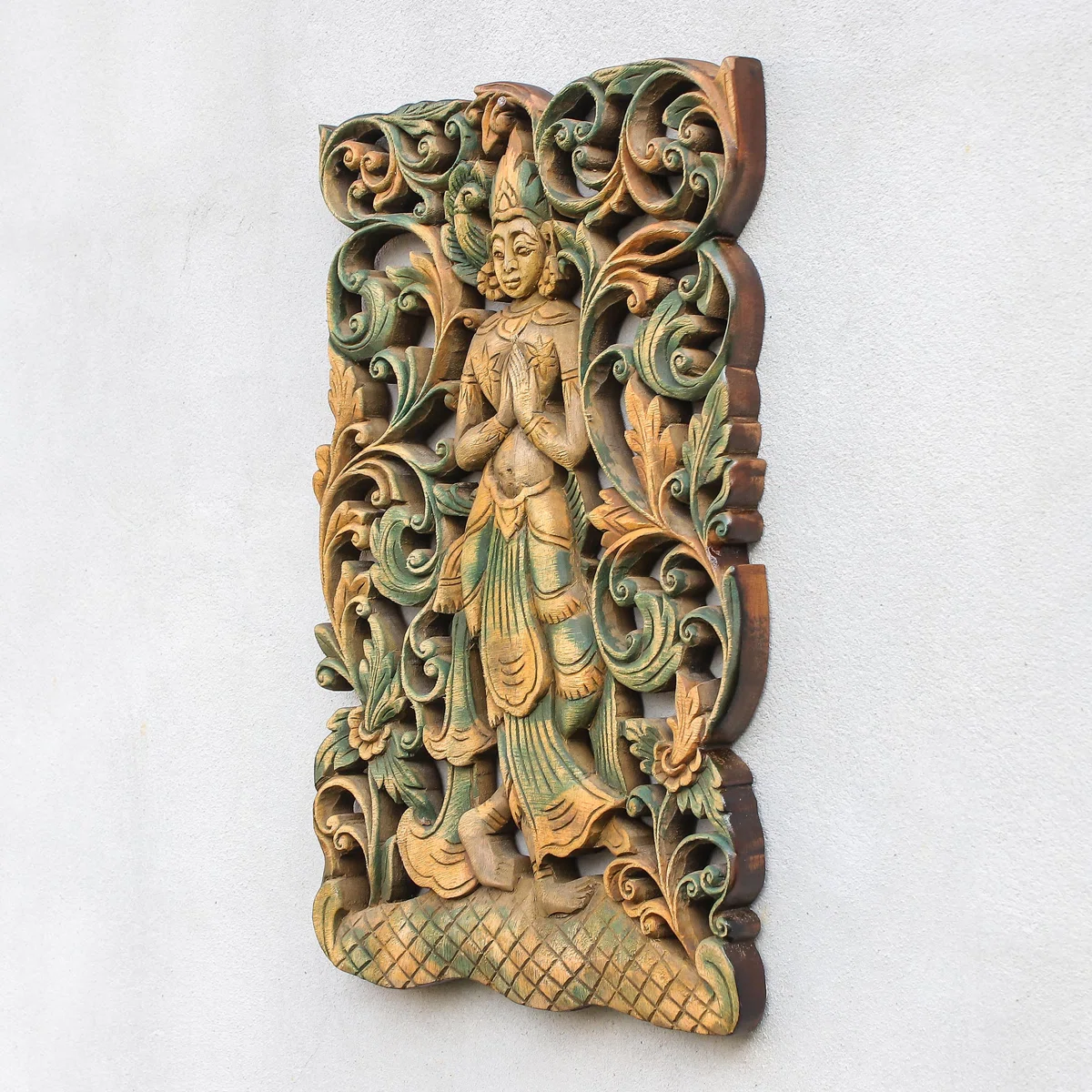 Handmade gold traditional rectangular wooden wall decor featuring a carved figure and floral detailing Aesthetic craft Handmade gold traditional rectangular wooden wall decor featuring a carved figure and floral detailing Aesthetic craft