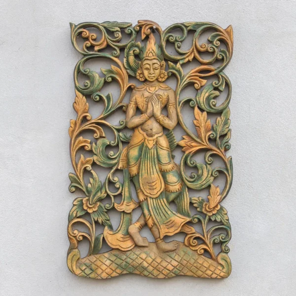 Handmade gold traditional rectangular wooden wall decor featuring a carved figure and floral detailing Aesthetic craft