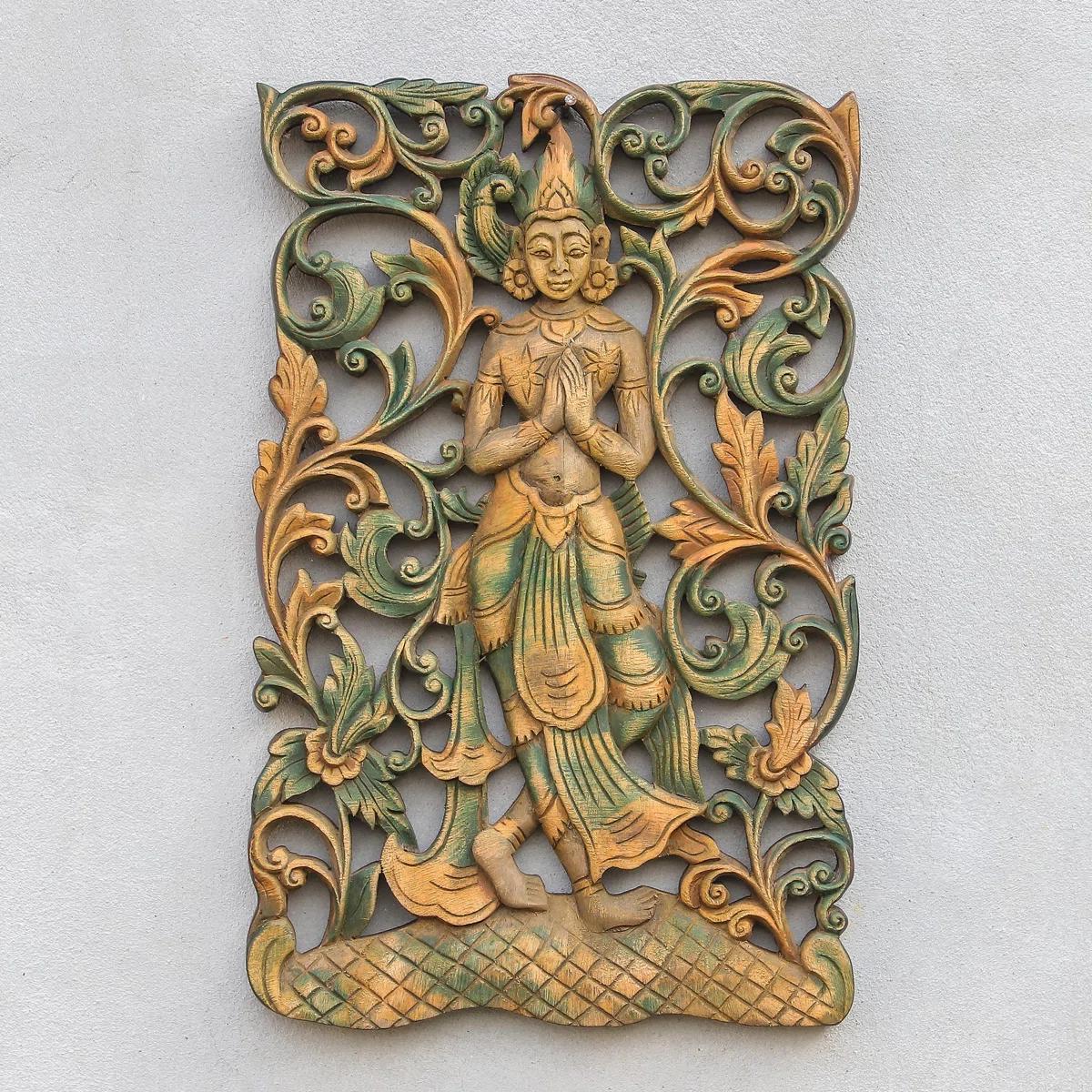Handmade gold traditional rectangular wooden wall decor featuring a carved figure and floral detailing Aesthetic craft Handmade gold traditional rectangular wooden wall decor featuring a carved figure and floral detailing Aesthetic craft
