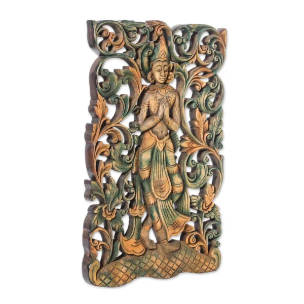 Handmade gold traditional rectangular wooden wall decor featuring a carved figure and floral detailing Aesthetic craft