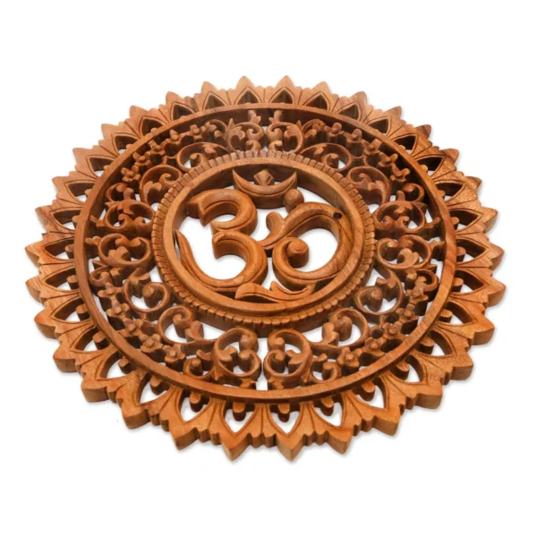 Hand-carved traditional religious wall decor panel made from solid mango wood in brown finish, 15.75 inches wide Aesthetic craft