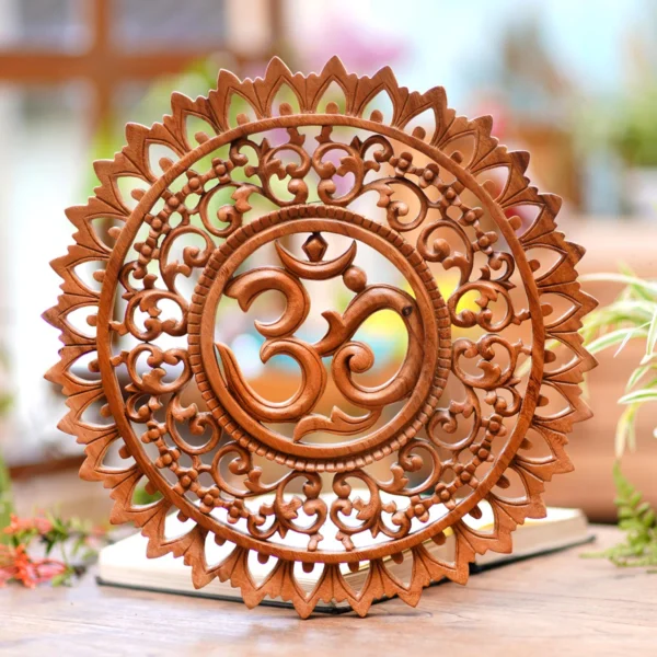 Hand-carved traditional religious wall decor panel made from solid mango wood in brown finish, 15.75 inches wide Aesthetic craft