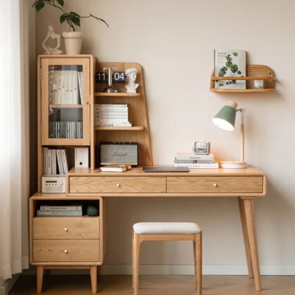 bookshelf desk combination, drawers, shelves, and glass cabinet Aesthetic craft