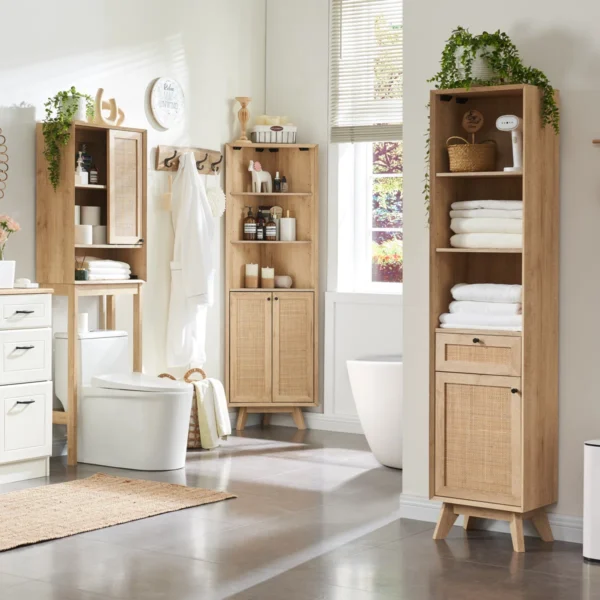 corner shelf cabinet with 2 rattan doors, 3 display shelves, and wall hook for stability Aesthetic craft