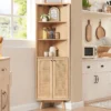 corner shelf cabinet with 2 rattan doors, 3 display shelves, and wall hook for stability Aesthetic craft
