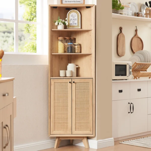 corner shelf cabinet with 2 rattan doors, 3 display shelves, and wall hook for stability Aesthetic craft