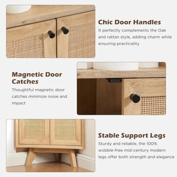corner shelf cabinet with 2 rattan doors, 3 display shelves, and wall hook for stability Aesthetic craft