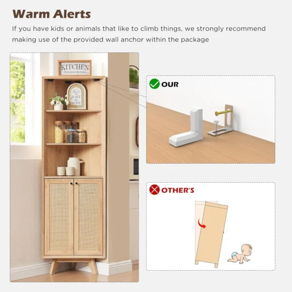 corner shelf cabinet with 2 rattan doors, 3 display shelves, and wall hook for stability Aesthetic craft
