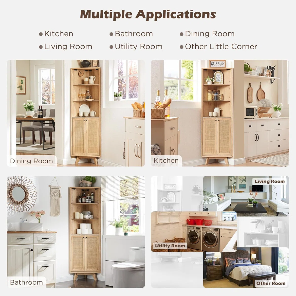 corner shelf cabinet with 2 rattan doors, 3 display shelves, and wall hook for stability Aesthetic craft corner shelf cabinet with 2 rattan doors, 3 display shelves, and wall hook for stability Aesthetic craft