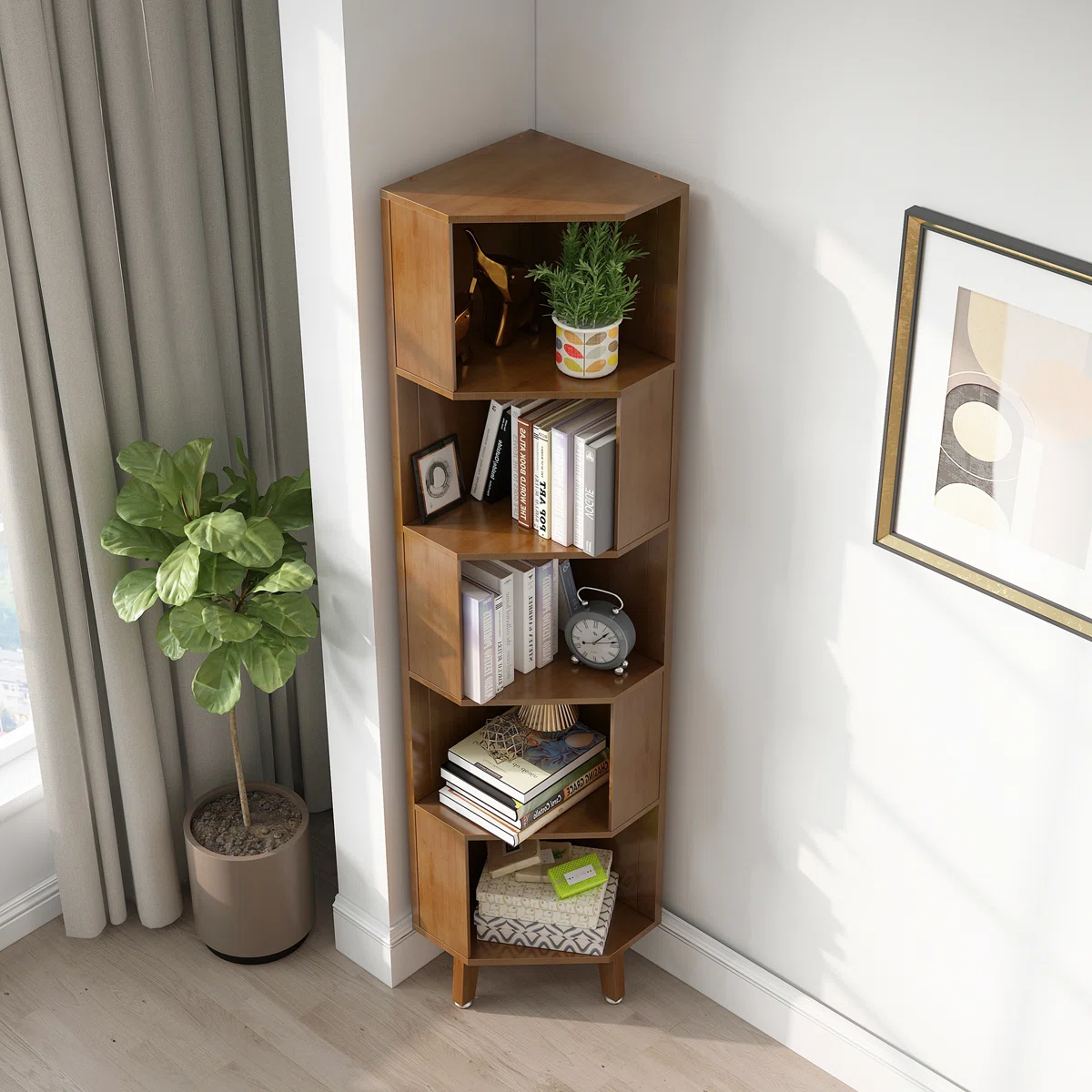 corner bookcase shelf with 6-tier storage in dark brown finish for living room or office Aesthetic craft corner bookcase shelf with 6-tier storage in dark brown finish for living room or office Aesthetic craft