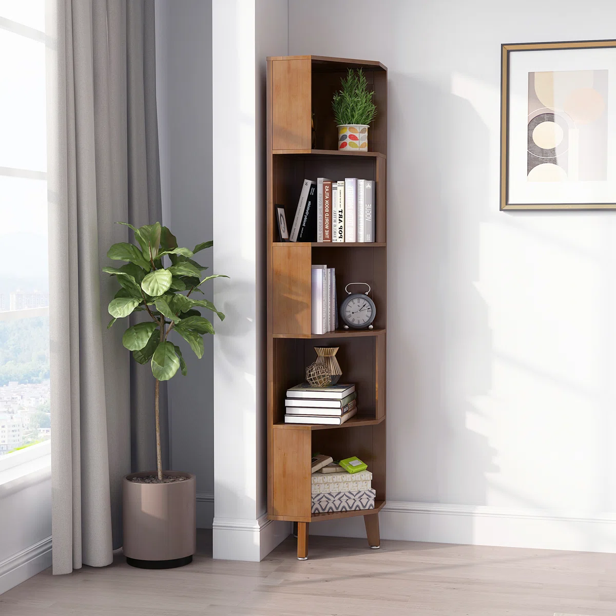 corner bookcase shelf with 6-tier storage in dark brown finish for living room or office Aesthetic craft corner bookcase shelf with 6-tier storage in dark brown finish for living room or office Aesthetic craft