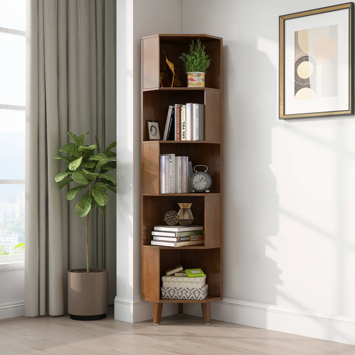 corner bookcase shelf with 6-tier storage in dark brown finish for living room or office Aesthetic craft