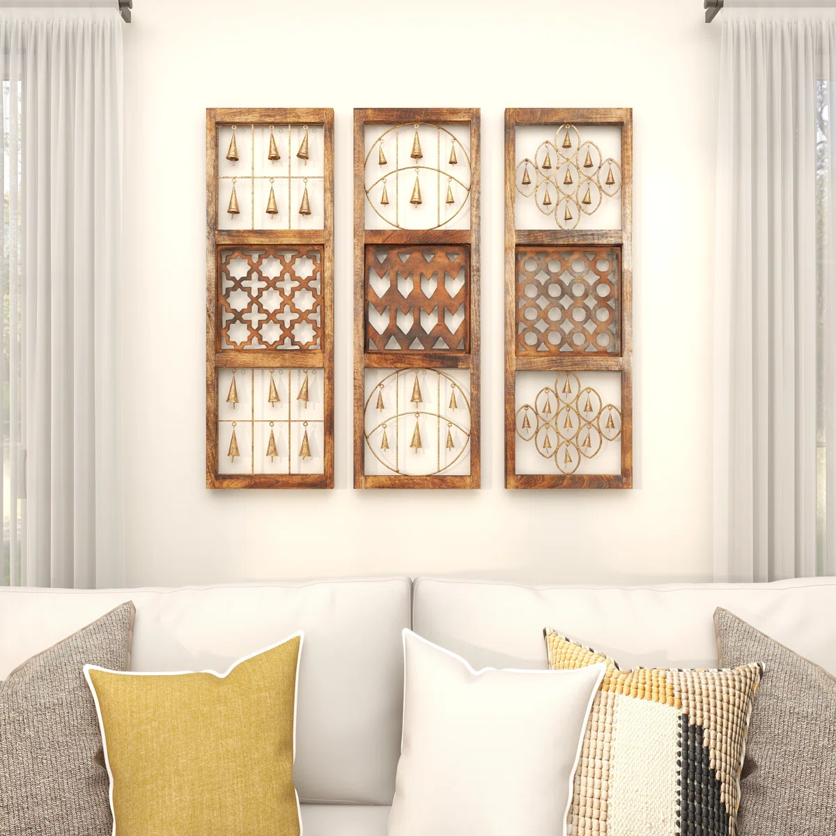 Set of 3 rustic brown wood and metal wall decor panels with intricate carvings and hanging bells, each 36 inches high and 12 inches wide Aesthetic craft