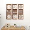 Set of 3 rustic brown wood and metal wall decor panels with intricate carvings and hanging bells, each 36 inches high and 12 inches wide Aesthetic craft