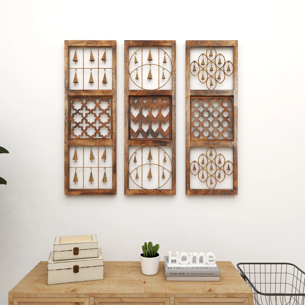 Set of 3 rustic brown wood and metal wall decor panels with intricate carvings and hanging bells, each 36 inches high and 12 inches wide Aesthetic craft