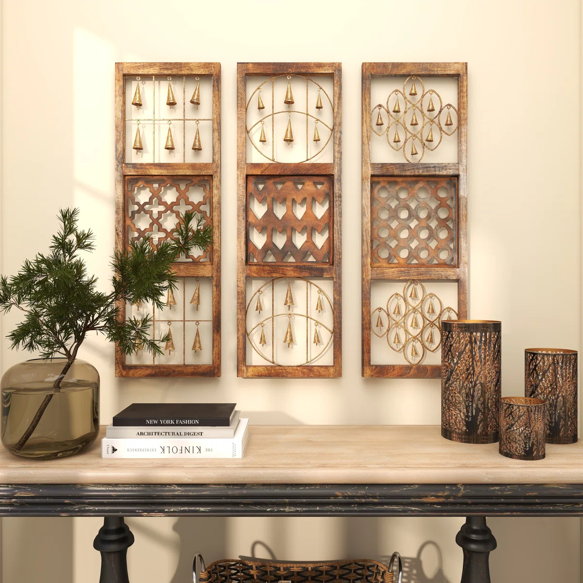Set of 3 rustic brown wood and metal wall decor panels with intricate carvings and hanging bells, each 36 inches high and 12 inches wide Aesthetic craft