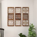 Rustic Metal Bell Wall Decor – Wood Panels with Intricate Carvings