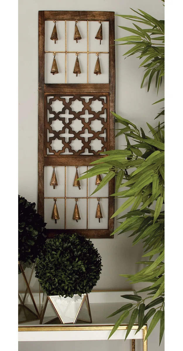 Set of 3 rustic brown wood and metal wall decor panels with intricate carvings and hanging bells, each 36 inches high and 12 inches wide Aesthetic craft