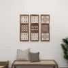 Set of 3 rustic brown wood and metal wall decor panels with intricate carvings and hanging bells, each 36 inches high and 12 inches wide Aesthetic craft