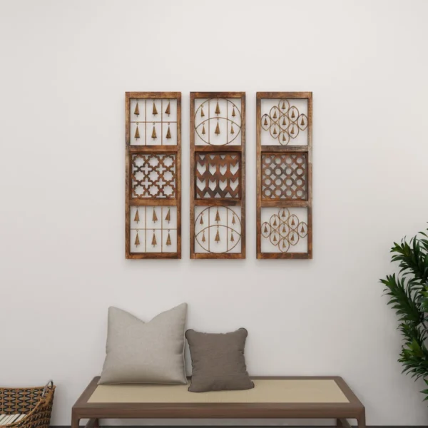 Set of 3 rustic brown wood and metal wall decor panels with intricate carvings and hanging bells, each 36 inches high and 12 inches wide Aesthetic craft