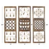 Set of 3 rustic brown wood and metal wall decor panels with intricate carvings and hanging bells, each 36 inches high and 12 inches wide Aesthetic craft