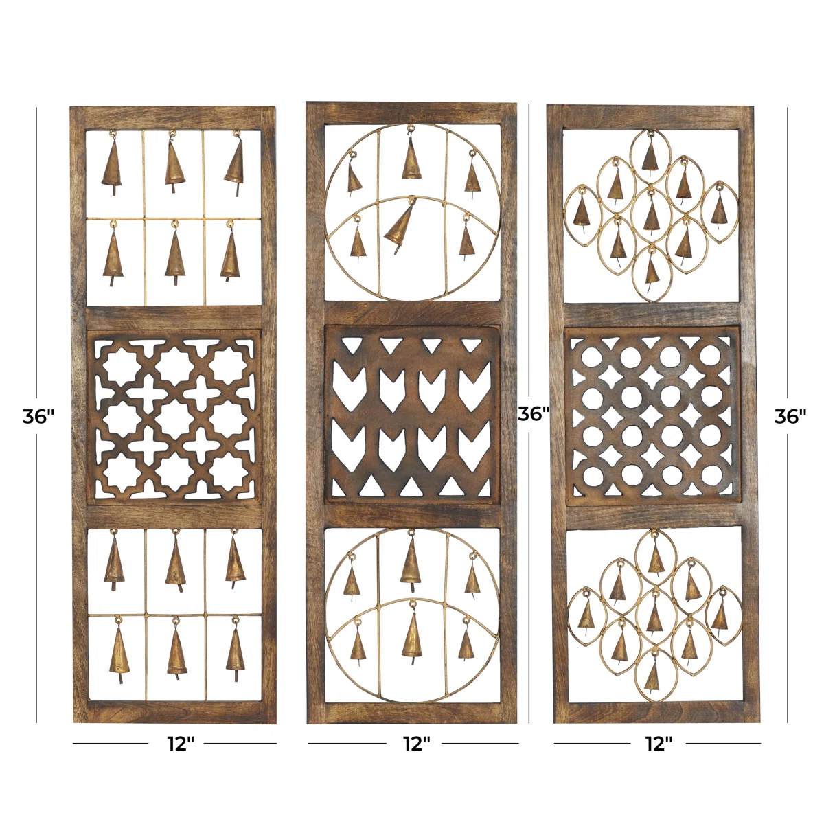 Set of 3 rustic brown wood and metal wall decor panels with intricate carvings and hanging bells, each 36 inches high and 12 inches wide Aesthetic craft