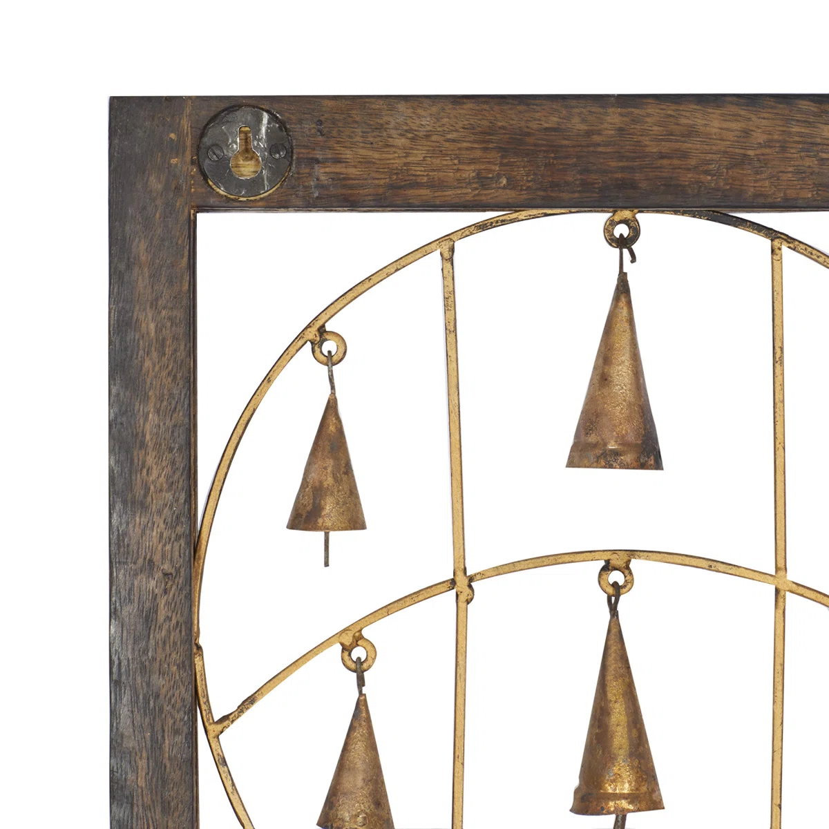 Set of 3 rustic brown wood and metal wall decor panels with intricate carvings and hanging bells, each 36 inches high and 12 inches wide Aesthetic craft