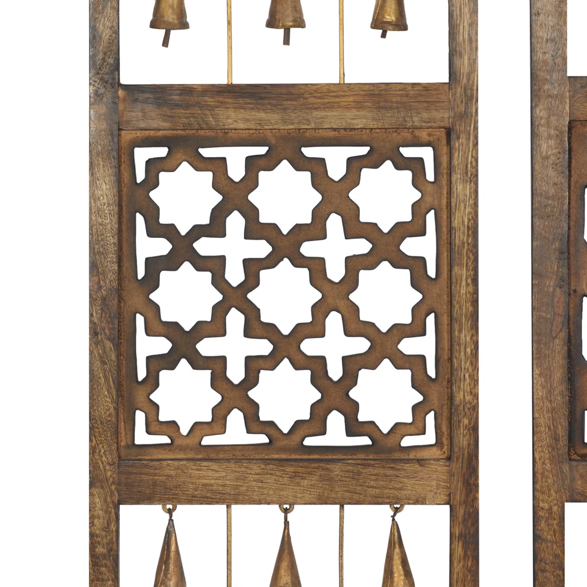 Set of 3 rustic brown wood and metal wall decor panels with intricate carvings and hanging bells, each 36 inches high and 12 inches wide Aesthetic craft