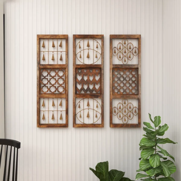 Set of 3 rustic brown wood and metal wall decor panels with intricate carvings and hanging bells, each 36 inches high and 12 inches wide Aesthetic craft