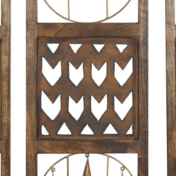 Set of 3 rustic brown wood and metal wall decor panels with intricate carvings and hanging bells, each 36 inches high and 12 inches wide Aesthetic craft