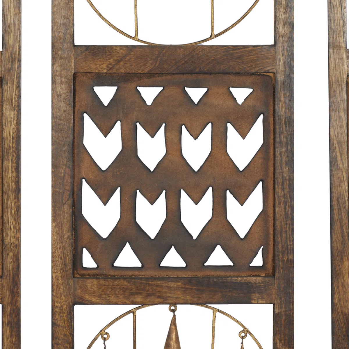 Set of 3 rustic brown wood and metal wall decor panels with intricate carvings and hanging bells, each 36 inches high and 12 inches wide Aesthetic craft