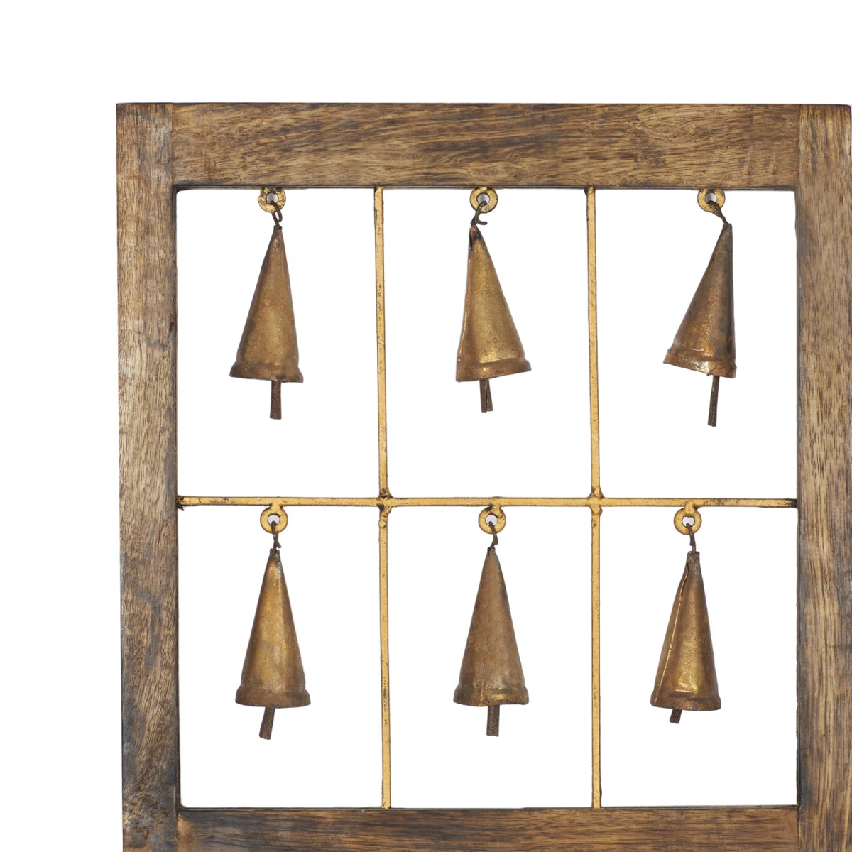 Set of 3 rustic brown wood and metal wall decor panels with intricate carvings and hanging bells, each 36 inches high and 12 inches wide Aesthetic craft