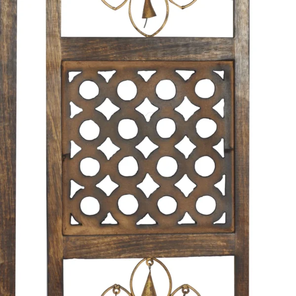 Set of 3 rustic brown wood and metal wall decor panels with intricate carvings and hanging bells, each 36 inches high and 12 inches wide Aesthetic craft