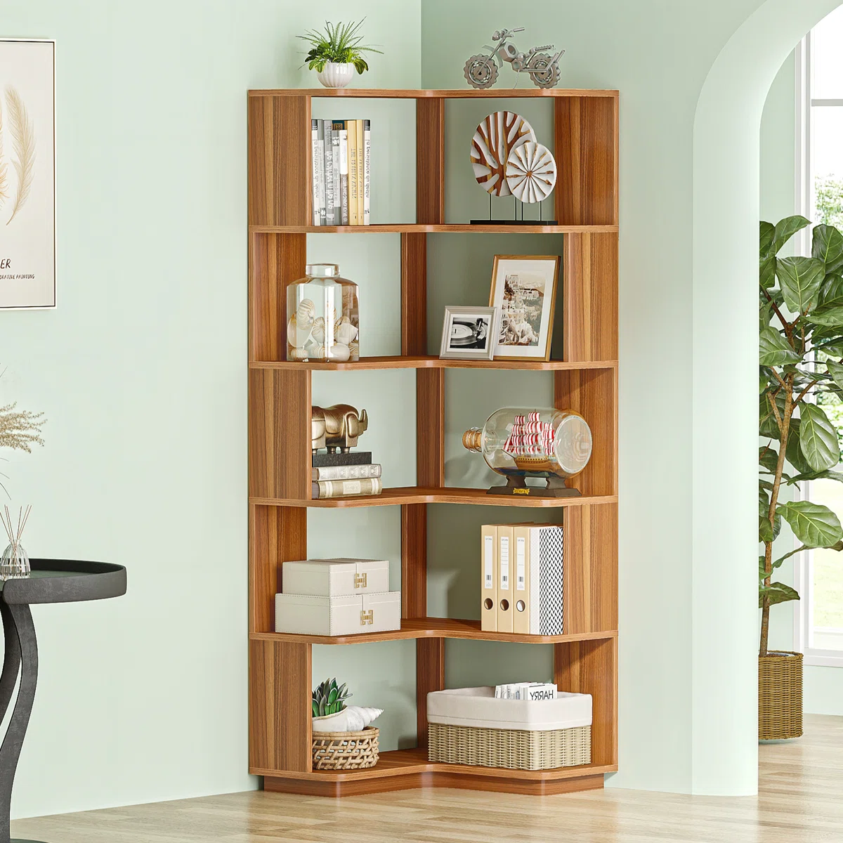 corner bookcase with right-angle design for living room and office storage Aesthetic craft