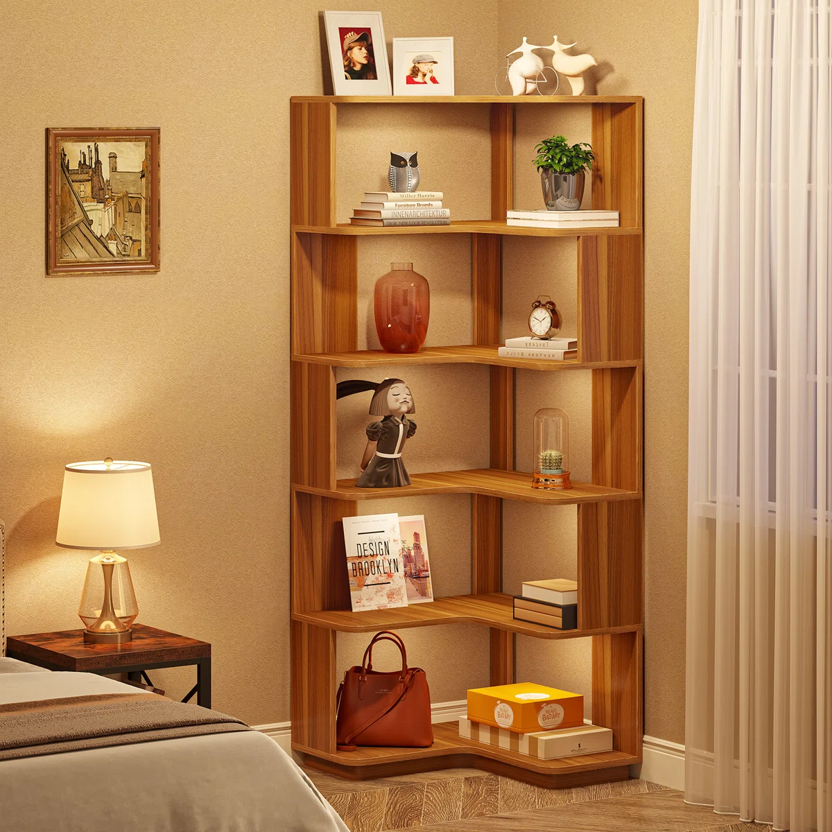 corner bookcase with right-angle design for living room and office storage Aesthetic craft