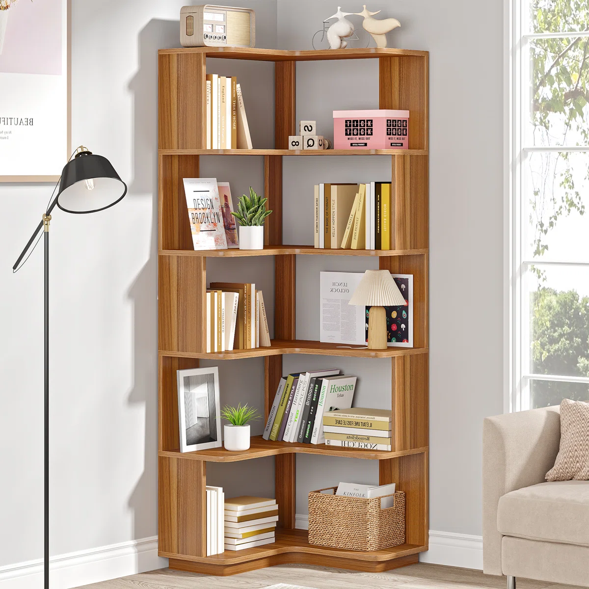 corner bookcase with right-angle design for living room and office storage Aesthetic craft
