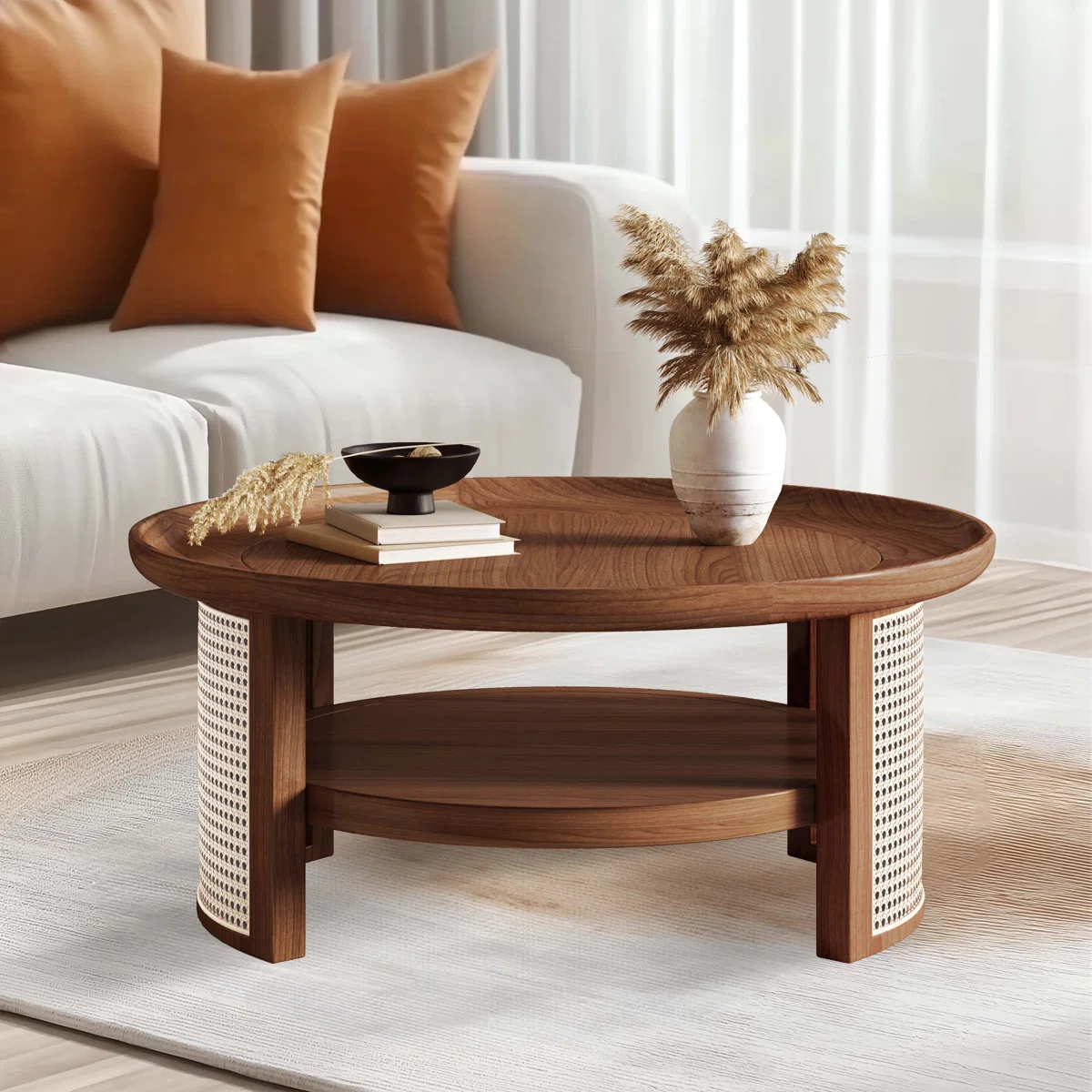 Rattan round coffee table with hidden storage in natural and brown Aesthetic craft