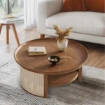 Rattan Round Coffee Table - Solid Wood with Storage
