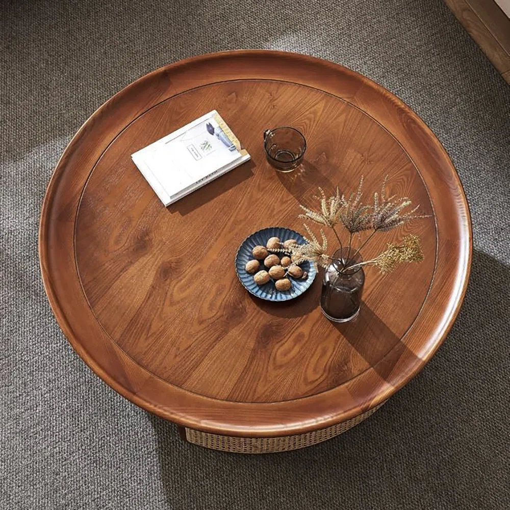 Rattan round coffee table with hidden storage in natural and brown Aesthetic craft