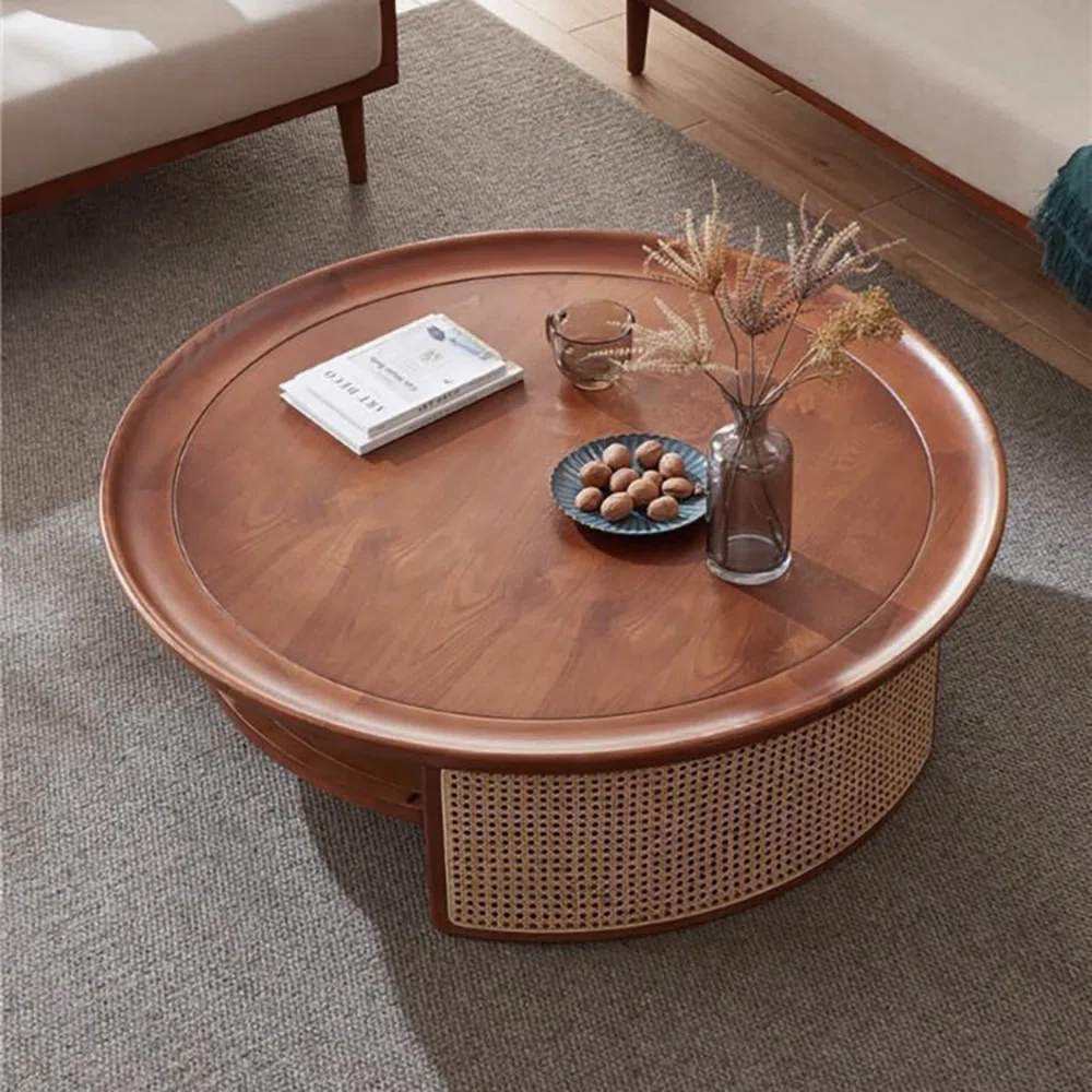 Rattan round coffee table with hidden storage in natural and brown Aesthetic craft