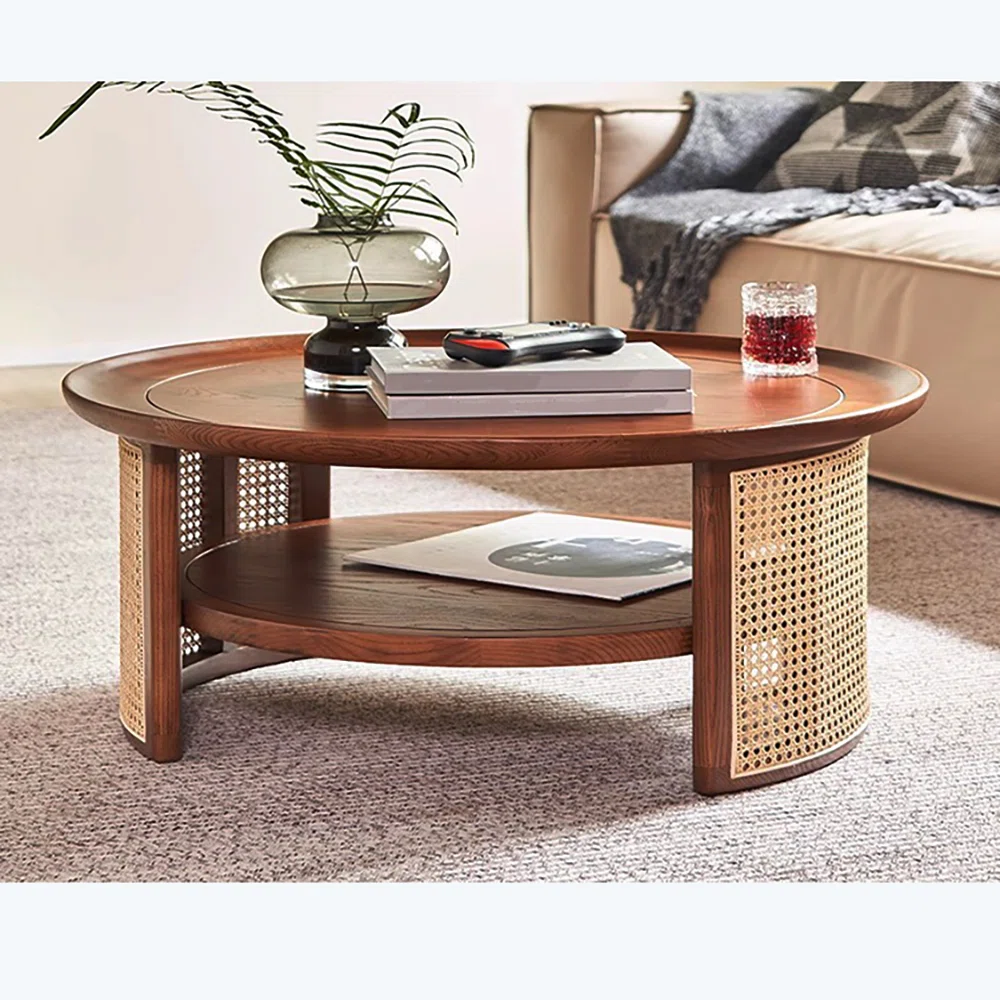 Rattan round coffee table with hidden storage in natural and brown Aesthetic craft
