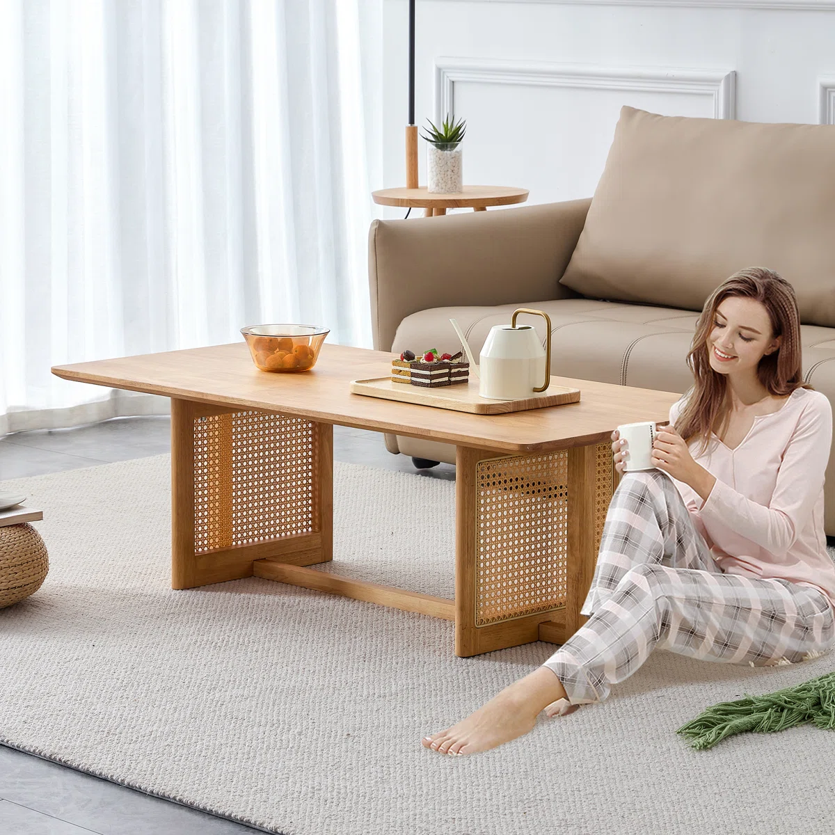 Rattan rectangle coffee table natural and brown Aesthetic craft