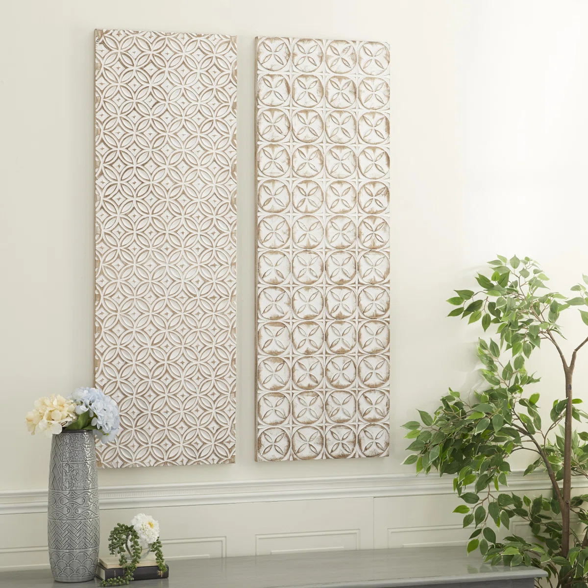 Wall Arts White carved wooden wall art set of 2 with geometric design, 16x48 inches each Aesthetic craft