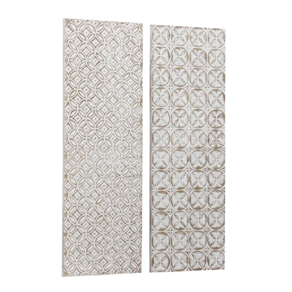 White carved wooden wall art set of 2 with geometric design, 16x48 inches each Aesthetic craft