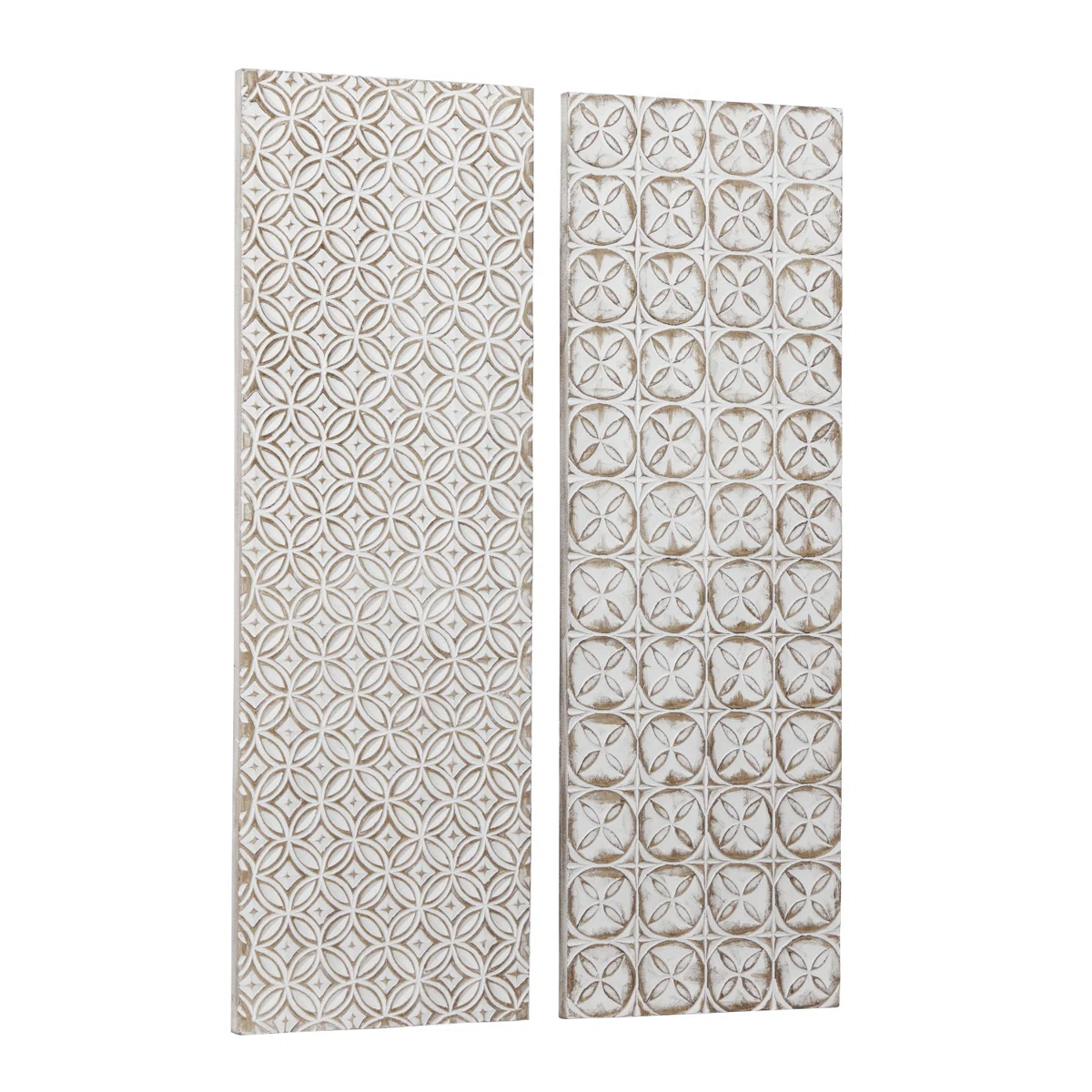 White carved wooden wall art set of 2 with geometric design, 16x48 inches each Aesthetic craft White carved wooden wall art set of 2 with geometric design, 16x48 inches each Aesthetic craft