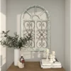 Arched wooden window frame wall decor in light blue with metal scrollwork, 45x28 inches, vintage farmhouse style Aesthetic craft