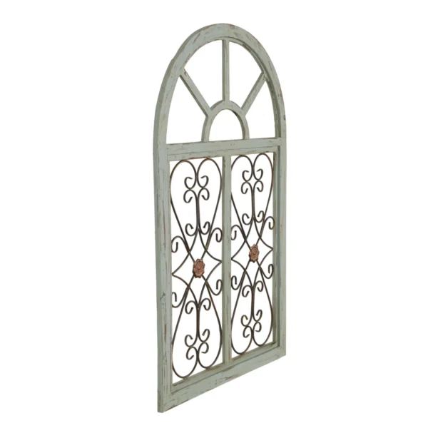 Arched wooden window frame wall decor in light blue with metal scrollwork, 45x28 inches, vintage farmhouse style Aesthetic craft