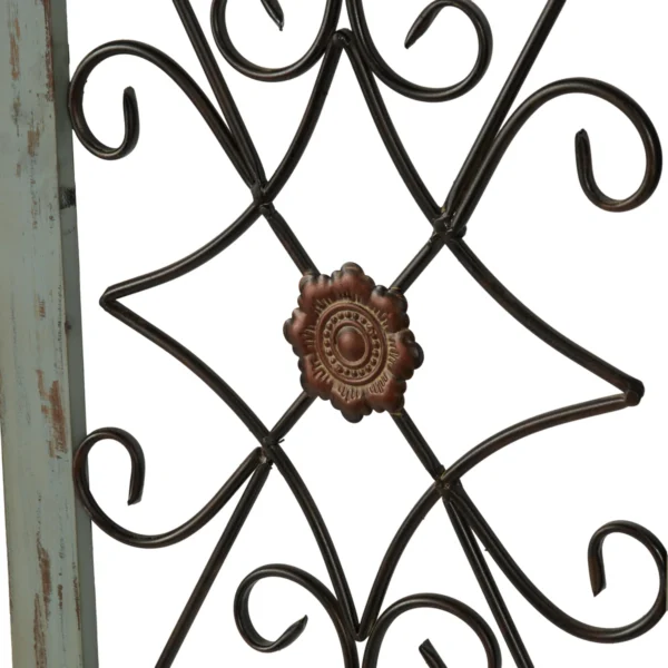 Arched wooden window frame wall decor in light blue with metal scrollwork, 45x28 inches, vintage farmhouse style Aesthetic craft